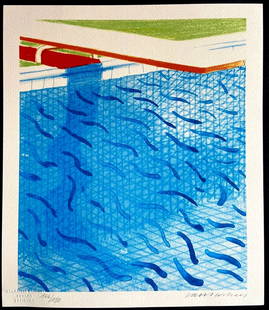 AFTER DAVID HOCKNEY LITHOGRAPH HAND-MADE ORIGINAL SIGNED: David Hockney Lithograph Hand-Made Original Signed Brand: Unbranded Size: 32 x 37 cm Description: Portrait of water Chromolithography printed in 1997 in 180 specimens by Atlantis Verlag, Freiburg 32