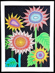 AFTER YAYOI KUSAMA LITHOGRAPH MORI ART MUSEUM: Yayoi Kusama Lithograph Mori Art Museum Brand: Unbranded  Size: 30 x 40 cm  Description: Flowers The Lithograph was printed in 2011 by the Mori Art Museum in 200 hand-numbered copies. The work measure
