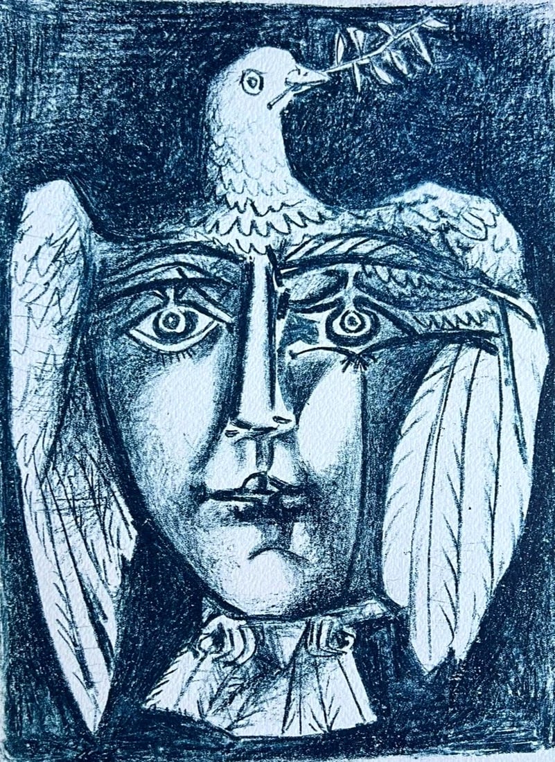 ピカソ 額装 「Blue dove with flowers」 Pablo Picasso, La colombe bleue (Blue Dove), 1961, Lithograph