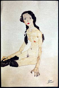 AFTER EGON SCHIELE LITHOGRAPH ORIGINAL NUMBERED: Egon Schiele Lithograph Original Numbered Brand: Unbranded  Size: 31 x 47 cm  Description: Seated woman with black stockings Chromolithograph printed in 1978 in 180 copies by Atlantis Verlag, Freiburg
