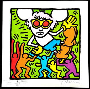 AFTER KEITH HARING LITHOGRAPH 'ANDY MOUSE' ORIGINAL SIGNATURE: Keith Haring Lithograph 'Andy Mouse' Original Signature Brand: Unbranded  Size: 32 x 32 cm  Description: Andy Mouse Chromolithograph printed in 1989 in 180 copies by Atlantis Verlag, Freiburg 32 x 32