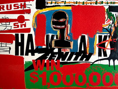 AFTER JEAN-MICHEL BASQUIAT LITHOGRAPHIE ORIGINAL SIGNÉ NUMÉROTÉ: Jean-Michel Basquiat Lithographie Original Signé Numéroté Brand: - Sans marque/Générique -  Size: 32 x 48 cm  Description: Gagnez 1 000 000 $ Chromolithographie imprimé en 1987 à 180 exemplaire
