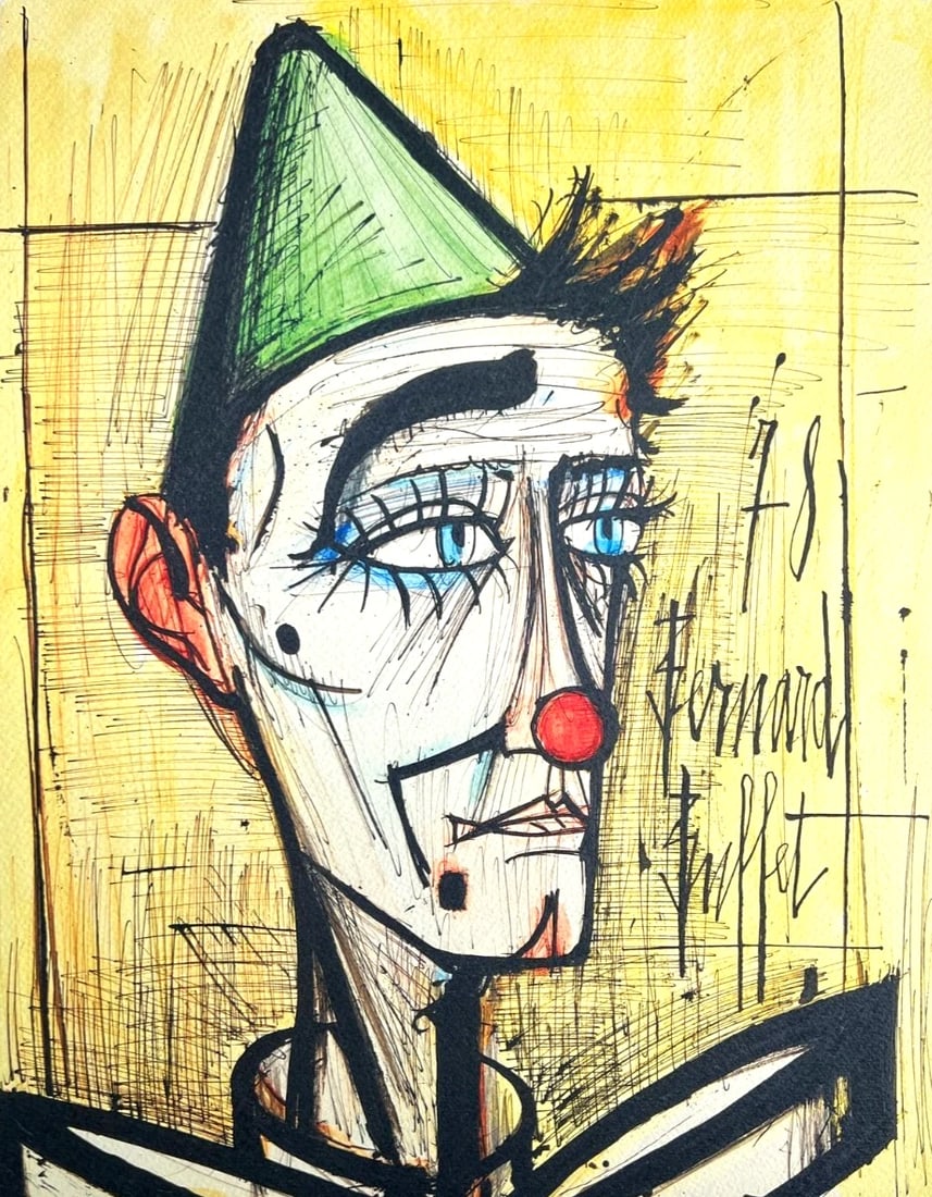 AFTER BERNARD BUFFET LITHOGRAPH CERTIFIED SIGNED IN PEN NUMBERED: Bernard Buffet Lithograph Certified Signed In Pen Numbered Brand: Unbranded Size: 32 x 42 cm Description: Clown with green hat Chromolithography printed in 1978 in 180 specimens by Atlantis Verlag,