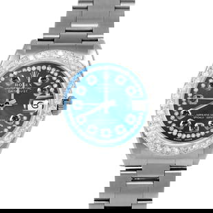 ROLEX DATEJUST 31MM, CUSTOM BLUE SAPPHIRE WITH STRING DIAMOND OYSTER CUSTOM: Rolex Datejust 31mm, Custom Blue Sapphire with String Diamond Oyster Custom Brand/Model: Rolex Datejust  Material: Stainless Steel  Dial: Custom Blue Sapphire with String Diamond  Diamonds: G-H Color,