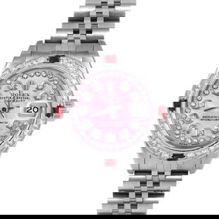 ROLEX DATEJUST 26MM, CUSTOM PINK MOTHER OF PEARL STRING DIAMOND JUBILEE CUSTOM RUBY AND DIAMOND: Rolex Datejust 26mm, Custom Pink Mother of Pearl String Diamond Jubilee Custom Ruby and Diamond Brand/Model: Rolex Datejust  Material: Stainless Steel  Dial: Custom Pink Mother of Pearl String Diamond