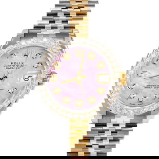 ROLEX DATEJUST 31MM, CUSTOM PINK MOTHER OF PEARL DIAMOND JUBILEE CUSTOM: Rolex Datejust 31mm, Custom Pink Mother of Pearl Diamond Jubilee Custom Brand/Model: Rolex Datejust  Material: Yellow Gold & Stainless Steel  Dial: Custom Pink Mother of Pearl Diamond  Diamonds: G-H C