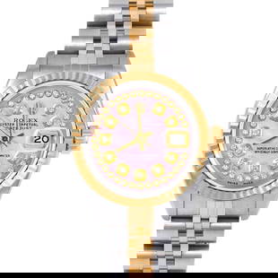 ROLEX DATEJUST 26MM, CUSTOM PINK MOTHER OF PEARL STRING DIAMOND JUBILEE FLUTED: Rolex Datejust 26mm, Custom Pink Mother of Pearl String Diamond Jubilee Fluted Brand/Model: Rolex Datejust  Material: Yellow Gold & Stainless Steel  Dial: Custom Pink Mother of Pearl String Diamond  D