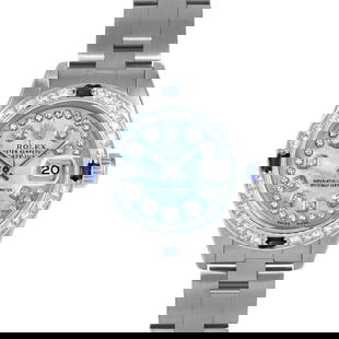 ROLEX DATEJUST 26MM, CUSTOM LIGHT BLUE MOTHER OF PEARL STRING DIAMOND OYSTER CUSTOM SAPPHIRE AND: Rolex Datejust 26mm, Custom Light Blue Mother of Pearl String Diamond Oyster Custom Sapphire and Diamond Brand/Model: Rolex Datejust  Material: Stainless Steel  Dial: Custom Light Blue Mother of Pearl