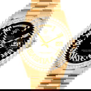 ROLEX DAY-DATE 36MM, CUSTOM BLACK FULL DIAMOND ROMAN PRESIDENT CUSTOM: Rolex Day-Date 36mm, Custom Black Full Diamond Roman President Custom Brand/Model: Rolex Day-Date  Material: Yellow Gold  Dial: Custom Black Full Diamond Roman  Diamonds: G-H Color, VS Clarity  Size: