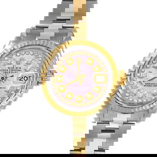 ROLEX DATEJUST 26MM, CUSTOM PINK MOTHER OF PEARL STRING DIAMOND OYSTER FLUTED: Rolex Datejust 26mm, Custom Pink Mother of Pearl String Diamond Oyster Fluted Brand/Model: Rolex Datejust  Material: Yellow Gold & Stainless Steel  Dial: Custom Pink Mother of Pearl String Diamond  Di