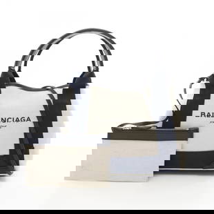 BALENCIAGA NAVY CABAS XS TOTE 2WAY HANDBAG: BALENCIAGA Navy Cabas XS Tote 2way Handbag Brand: BALENCIAGA  Type: Handbag  Material: Exterior Material canvas  Color: Exterior Color Beige  Size: H:20cm x W:25cm x D:7cm (H:7.9" x W:9.8" x D:2.8") H