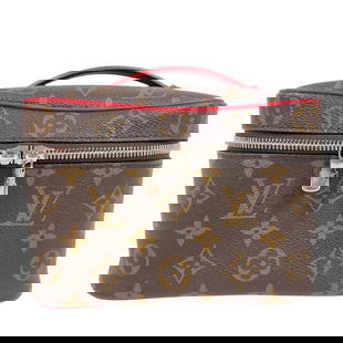 LOUIS VUITTON NICE MINI POUCH: LOUIS VUITTON Nice Mini Pouch Brand: LOUIS VUITTON  Type: Pouch  Material: Exterior Material Monogram  Color: Exterior Color Brown/Red SilverHardware  Size: Size(Inch) W7.5 x H5.1x D4.7inch  Accessori