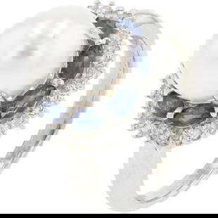 PLATINUM 900 PEARL AND SAPPHIRE RING WITH DIAMOND ACCENT: Platinum 900 Pearl and Sapphire Ring with Diamond Accent Brand: Estate (Estate / Vintage)  Product Type : Ring  Material: Metal Type: Platinum 900  Sone Color: None  Stone Shape: None  Gemstone(s): Sa