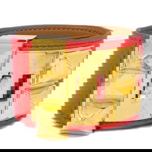 HERMES COLLIER DE CHIEN BANGLE RED: Hermes Collier De Chien Bangle Red Brand: Hermes  Type: Bracelet  Material: Swift Leather, Gold-plated  Color: Red, Gold  Size: Inner circumference : 16.0 - 19.0 cm Width : 3.8 cm  Accessories: None