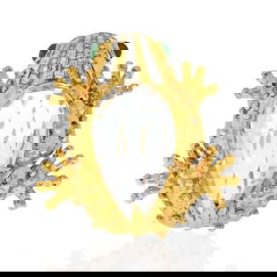 DAVID WEBB PLATINUM & 18K YELLOW GOLD BROOCH: David Webb Platinum & 18K Yellow Gold Brooch Metal Type: Platinum & 18K Yellow Gold  Condition: Excellent  Size: Measurements: Length: approx. 4cm  Description: Hammered Gold, Platinum, Rock Crystal,