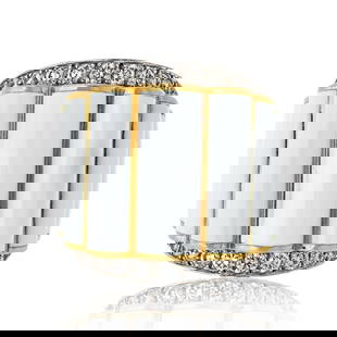 DAVID WEBB PLATINUM & 18K YELLOW GOLD WHITE RING: David Webb Platinum & 18K Yellow Gold White Ring Metal Type: Platinum & 18K Yellow Gold  Condition: Excellent  Size: 6 US  Description: Of scalloped white enamel, enhanced by round brilliant-cut diamo
