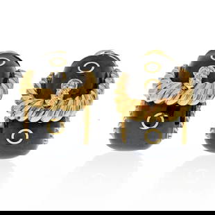 DAVID WEBB GOLD BLACK ENAMEL DIAMOND EARRINGS: David Webb Gold Black Enamel Diamond Earrings Metal Type: Platinum & 18K Yellow Gold  Condition: Excellent  Size: Measurements: 30mm x 25mm  Description: Large and bold signature buckle design earring
