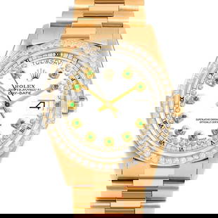 ROLEX DAY-DATE 36MM, CUSTOM WHITE EMERALD WITH STRING DIAMOND PRESIDENT CUSTOM CT DIAMOND: Rolex Day-Date 36mm, Custom White Emerald with String Diamond President Custom ct Diamond Brand/Model: Rolex Day-Date  Material: Yellow Gold  Dial: Custom White Emerald with String Diamond  Diamonds: