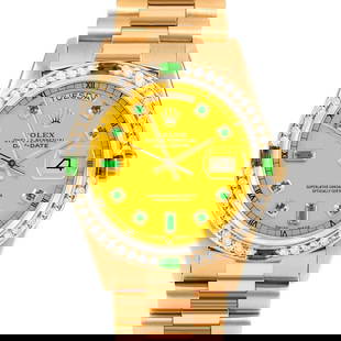 ROLEX DAY-DATE 36MM, CUSTOM YELLOW EMERALD PRESIDENT CUSTOM EMERALD AND DIAMOND: Rolex Day-Date 36mm, Custom Yellow Emerald President Custom Emerald and Diamond Brand/Model: Rolex Day-Date  Material: Yellow Gold  Dial: Custom Yellow Emerald  Diamonds: G-H Color, VS Clarity  Size: