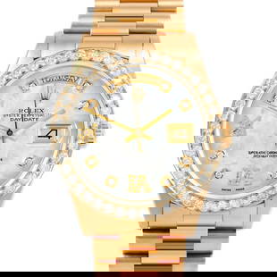 ROLEX DAY-DATE 36MM, CUSTOM MOTHER OF PEARL DIAMOND WITH DIAMOND ROMAN 6 & 9 PRESIDENT CUSTOM: Rolex Day-Date 36mm, Custom Mother of Pearl Diamond with Diamond Roman 6 & 9 President Custom Brand/Model: Rolex Day-Date  Material: Yellow Gold  Dial: Custom Mother of Pearl Diamond with Diamond Roma