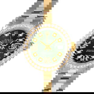 ROLEX DATEJUST 26MM, CUSTOM GREEN DIAMOND WITH DIAMOND ROMAN 6 & 9 OYSTER CUSTOM: Rolex Datejust 26mm, Custom Green Diamond with Diamond Roman 6 & 9 Oyster Custom Brand/Model: Rolex Datejust  Material: Yellow Gold & Stainless Steel  Dial: Custom Green Diamond with Diamond Roman 6 &