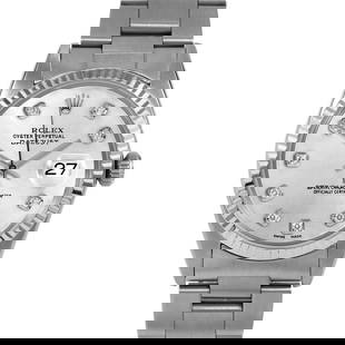 ROLEX DATEJUST 36MM, CUSTOM SILVER DIAMOND OYSTER FLUTED: Rolex Datejust 36mm, Custom Silver Diamond Oyster Fluted Brand/Model: Rolex Datejust  Material: Stainless Steel  Dial: Custom Silver Diamond  Diamonds: G-H Color, VS Clarity  Size: Case Size 36 mm  Ac
