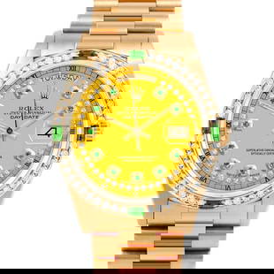 ROLEX DAY-DATE 36MM, CUSTOM YELLOW EMERALD WITH STRING DIAMOND PRESIDENT CUSTOM EMERALD AND DIAMOND: Rolex Day-Date 36mm, Custom Yellow Emerald with String Diamond President Custom Emerald and Diamond Brand/Model: Rolex Day-Date  Material: Yellow Gold  Dial: Custom Yellow Emerald with String Diamond