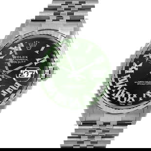 ROLEX DATEJUST 36MM, CUSTOM GREEN FULL DIAMOND ROMAN JUBILEE FLUTED: Rolex Datejust 36mm, Custom Green Full Diamond Roman Jubilee Fluted Brand/Model: Rolex Datejust  Material: Stainless Steel  Dial: Custom Green Full Diamond Roman  Diamonds: None  Size: Case Size 36 mm