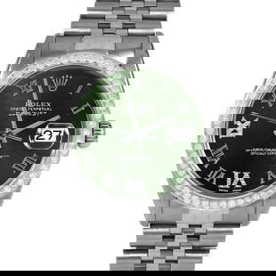 ROLEX DATEJUST 36MM, CUSTOM GREEN ROMAN WITH DIAMOND ROMAN 6 & 9 JUBILEE CUSTOM: Rolex Datejust 36mm, Custom Green Roman with Diamond Roman 6 & 9 Jubilee Custom Brand/Model: Rolex Datejust  Material: Stainless Steel  Dial: Custom Green Roman with Diamond Roman 6 & 9  Diamonds: G-H