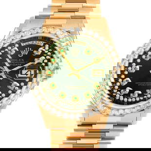 ROLEX DAY-DATE 36MM, CUSTOM GREEN EMERALD WITH STRING DIAMOND PRESIDENT CUSTOM DIAMOND: Rolex Day-Date 36mm, Custom Green Emerald with String Diamond President Custom 2.5ct Diamond Brand/Model: Rolex Day-Date  Material: Yellow Gold  Dial: Custom Green Emerald with String Diamond  Diamond
