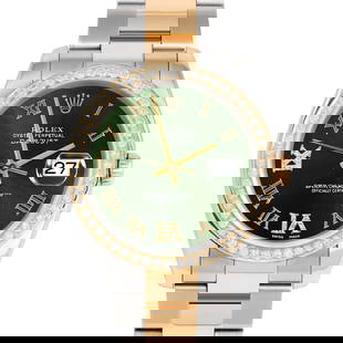 ROLEX DATEJUST 36MM, CUSTOM GREEN ROMAN WITH DIAMOND ROMAN 6 & 9 OYSTER CUSTOM CT DIAMOND: Rolex Datejust 36mm, Custom Green Roman with Diamond Roman 6 & 9 Oyster Custom ct Diamond Brand/Model: Rolex Datejust  Material: Yellow Gold & Stainless Steel  Dial: Custom Green Roman with Diamond Ro