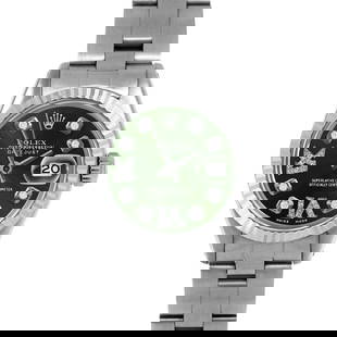 ROLEX DATEJUST 26MM, CUSTOM GREEN DIAMOND WITH DIAMOND ROMAN 6 & 9 OYSTER FLUTED: Rolex Datejust 26mm, Custom Green Diamond with Diamond Roman 6 & 9 Oyster Fluted Brand/Model: Rolex Datejust  Material: Stainless Steel  Dial: Custom Green Diamond with Diamond Roman 6 & 9  Diamonds: