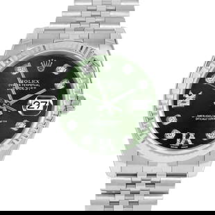 ROLEX DATEJUST 36MM, CUSTOM GREEN DIAMOND WITH DIAMOND ROMAN 6 & 9 JUBILEE FLUTED: Rolex Datejust 36mm, Custom Green Diamond with Diamond Roman 6 & 9 Jubilee Fluted Brand/Model: Rolex Datejust  Material: Stainless Steel  Dial: Custom Green Diamond with Diamond Roman 6 & 9  Diamonds: