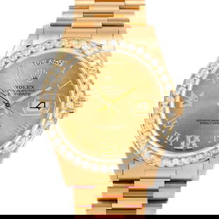 ROLEX DAY-DATE 36MM, CUSTOM CHAMPAGNE ROMAN WITH DIAMOND ROMAN 6 & 9 PRESIDENT CUSTOM: Rolex Day-Date 36mm, Custom Champagne Roman with Diamond Roman 6 & 9 President Custom Brand/Model: Rolex Day-Date  Material: Yellow Gold  Dial: Custom Champagne Roman with Diamond Roman 6 & 9  Diamond