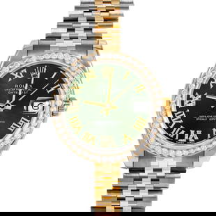 ROLEX DATEJUST 31MM, CUSTOM GREEN ROMAN WITH DIAMOND ROMAN 6 & 9 JUBILEE CUSTOM: Rolex Datejust 31mm, Custom Green Roman with Diamond Roman 6 & 9 Jubilee Custom Brand/Model: Rolex Datejust  Material: Yellow Gold & Stainless Steel  Dial: Custom Green Roman with Diamond Roman 6 & 9