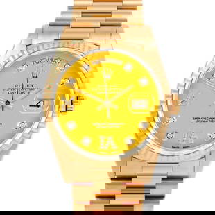 ROLEX DAY-DATE 36MM, CUSTOM YELLOW DIAMOND WITH DIAMOND ROMAN 6 & 9 PRESIDENT FLUTED: Rolex Day-Date 36mm, Custom Yellow Diamond with Diamond Roman 6 & 9 President Fluted Brand/Model: Rolex Day-Date  Material: Yellow Gold  Dial: Custom Yellow Diamond with Diamond Roman 6 & 9  Diamonds: