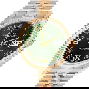 ROLEX DATEJUST 36MM, CUSTOM GREEN ROMAN WITH DIAMOND ROMAN 6 & 9 JUBILEE FLUTED: Rolex Datejust 36mm, Custom Green Roman with Diamond Roman 6 & 9 Jubilee Fluted Brand/Model: Rolex Datejust  Material: Yellow Gold & Stainless Steel  Dial: Custom Green Roman with Diamond Roman 6 & 9