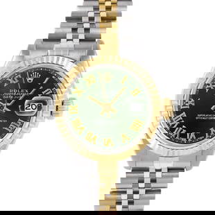 ROLEX DATEJUST 26MM, CUSTOM GREEN ROMAN NUMERAL JUBILEE FLUTED: Rolex Datejust 26mm, Custom Green Roman Numeral Jubilee Fluted Brand/Model: Rolex Datejust  Material: Yellow Gold & Stainless Steel  Dial: Custom Green Roman Numeral  Diamonds: None  Size: Case Size 2