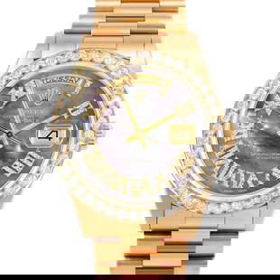 ROLEX DAY-DATE 36MM, CUSTOM BLACK MOTHER OF PEARL FULL DIAMOND ROMAN PRESIDENT CUSTOM: Rolex Day-Date 36mm, Custom Black Mother of Pearl Full Diamond Roman President Custom Brand/Model: Rolex Day-Date  Material: Yellow Gold  Dial: Custom Black Mother of Pearl Full Diamond Roman  Diamond