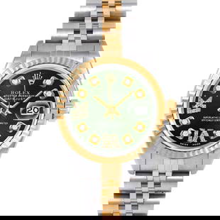 ROLEX DATEJUST 26MM, CUSTOM GREEN DIAMOND WITH DIAMOND ROMAN 6 & 9 JUBILEE FLUTED: Rolex Datejust 26mm, Custom Green Diamond with Diamond Roman 6 & 9 Jubilee Fluted Brand/Model: Rolex Datejust  Material: Yellow Gold & Stainless Steel  Dial: Custom Green Diamond with Diamond Roman 6