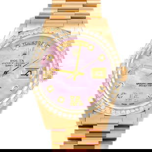 ROLEX DAY-DATE 36MM, CUSTOM PINK MOTHER OF PEARL DIAMOND WITH DIAMOND ROMAN 6 & 9 PRESIDENT CUSTOM: Rolex Day-Date 36mm, Custom Pink Mother of Pearl Diamond with Diamond Roman 6 & 9 President Custom ct Diamond Brand/Model: Rolex Day-Date  Material: Yellow Gold  Dial: Custom Pink Mother of Pearl Diam