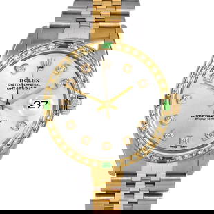 ROLEX DATEJUST 36MM, CUSTOM SILVER DIAMOND JUBILEE CUSTOM EMERALD AND DIAMOND: Rolex Datejust 36mm, Custom Silver Diamond Jubilee Custom Emerald and Diamond Brand/Model: Rolex Datejust  Material: Yellow Gold & Stainless Steel  Dial: Custom Silver Diamond  Diamonds: G-H Color, VS