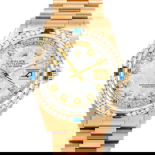 ROLEX DAY-DATE 36MM, CUSTOM MOTHER OF PEARL STRING DIAMOND PRESIDENT CUSTOM SAPPHIRE AND DIAMOND: Rolex Day-Date 36mm, Custom Mother of Pearl String Diamond President Custom Sapphire and Diamond Brand/Model: Rolex Day-Date  Material: Yellow Gold  Dial: Custom Mother of Pearl String Diamond  Diamon