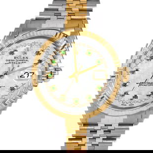 ROLEX DATEJUST 36MM, CUSTOM MOTHER OF PEARL EMERALD WITH STRING DIAMOND JUBILEE FLUTED: Rolex Datejust 36mm, Custom Mother of Pearl Emerald with String Diamond Jubilee Fluted Brand/Model: Rolex Datejust  Material: Yellow Gold & Stainless Steel  Dial: Custom Mother of Pearl Emerald with S