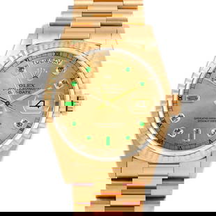 ROLEX DAY-DATE 36MM, CUSTOM CHAMPAGNE EMERALD PRESIDENT FLUTED: Rolex Day-Date 36mm, Custom Champagne Emerald President Fluted Brand/Model: Rolex Day-Date  Material: Yellow Gold  Dial: Custom Champagne Emerald  Diamonds: G-H Color, VS Clarity  Size: Case Size None