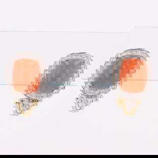 CORAL AND DIAMOND DANGLE/DROP PAIR EARRINGS: Coral and Diamond Dangle/Drop Pair Earrings Brand: Unbranded  Type: Earrings  Material: Metal Yellow Gold  Color: Main Stone Color: Orange, Clarity Gemstone Clarity Grade: Opaque  Size: Earring Measur