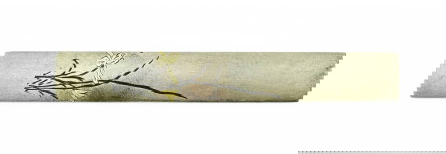 SILVER KODZUKA (MGJ379): Silver Kodzuka (MGJ379) Description: Silver Kodzuka carved with irises in katakiribori and gold inlay. Signed: Goto Mitsu Toshi with kao.  Size: Length 3. 75 inch  Accessories: None Accessories Notice