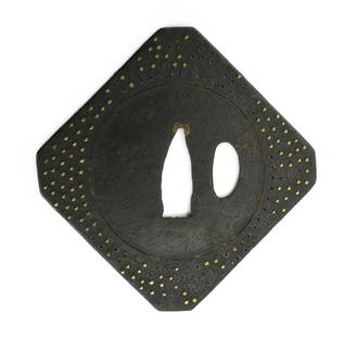IRON TSUBA (MGJ750): Iron Tsuba (MGJ750) Description: Iron Tsuba. Diamond shape. Inlay with brass highlights. Unsigned. Vertical height 3 5/8&rdquo; (9.2cm.). Boxed.  Size: Vertical height 3 5/8&rdquo; (9.2cm.)  Accessori