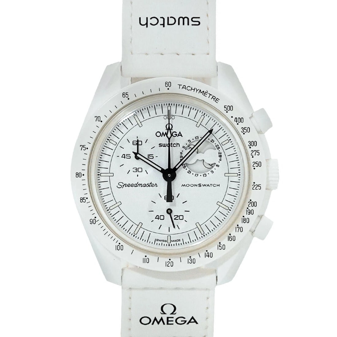 SWATCH BIOCERAMIC MOONSWATCH MISSION TO THE MOON: swatch BIOCERAMIC MOONSWATCH MISSION TO THE MOON Brand: swatch Type: Wristwatch Material: Bioceramic,Nylon Color: none Size: Case Size Length 47mm(included lag) Width 42mm(not included crown) Dept