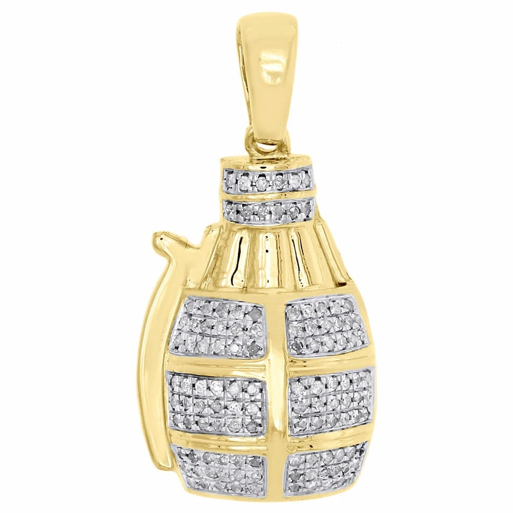 10K YELLOW GOLD REAL DIAMOND HAND GRENADE PENDANT: 10K Yellow Gold Real Diamond Hand Grenade Pendant Brand: None Type: Pendant Material: Yellow Gold Color: Fancy Diamond Color:White Size: Pendant Length:1.20" (including bail)Pendant Width:0.60"Pen